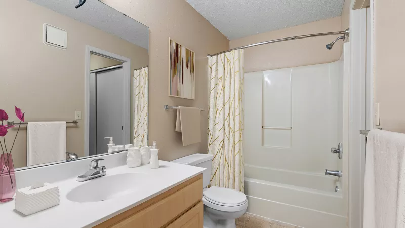 Clean bathroom with a light wood vanity, white sink, large mirror, toilet, and shower/tub with a beige patterned curtain.