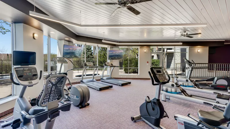 Well-lit indoor fitness center with treadmills, stationary bikes, ellipticals, and a rowing machine on purple carpet.