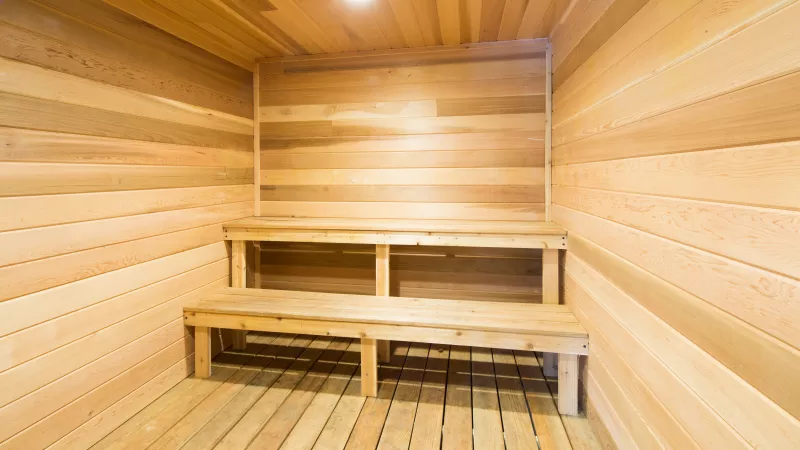 Empty sauna room with light wood walls, floor, and tiered benches.